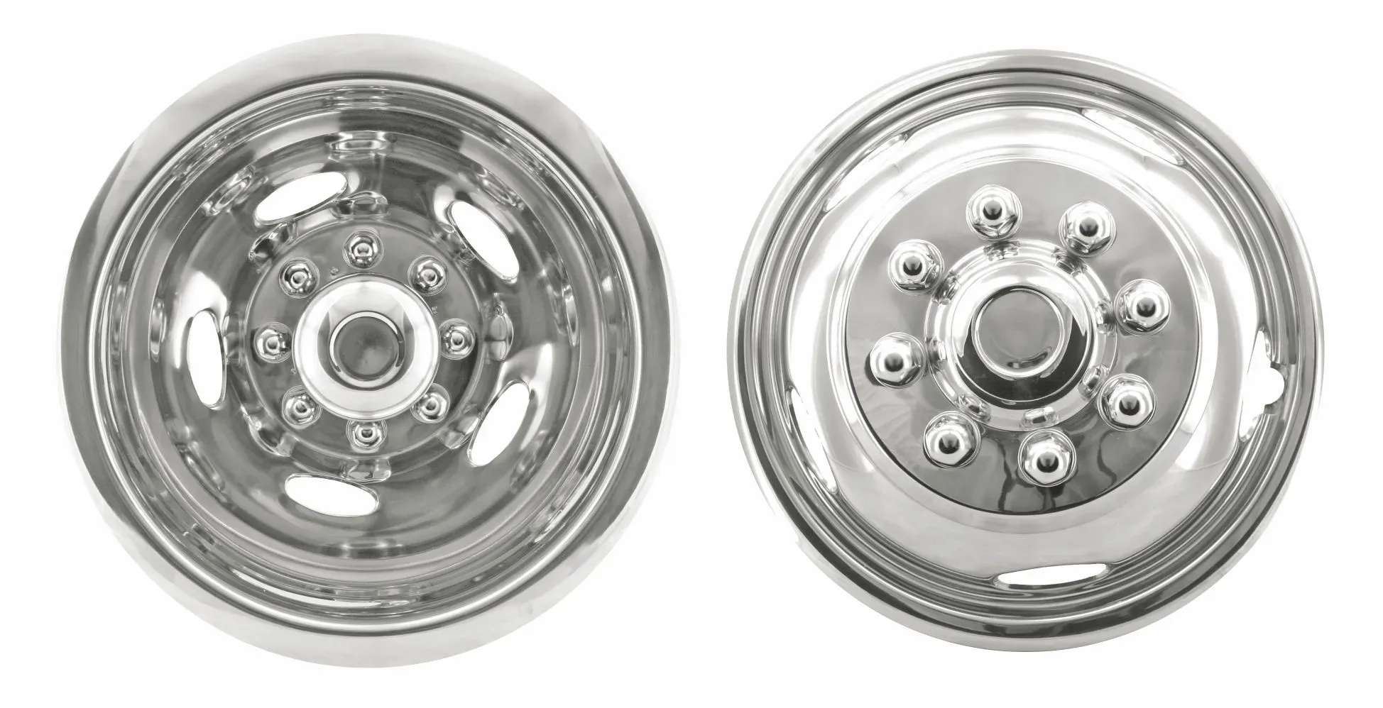 17" Stainless Steel Snap-On Wheel Simulator Set – Dodge & Chevy, 8 Lug, 5 Hand Hole, Pop-Out Center Caps