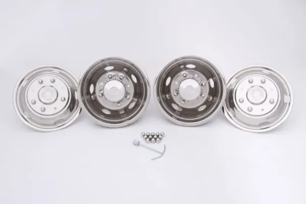 19.5" x 6" Stainless Steel Wheel Simulator Set – Ford Super Duty, 8 Lug, 5 Hand Hole, M14 x 2.0 Wheel Studs, Pop-Off Center Caps