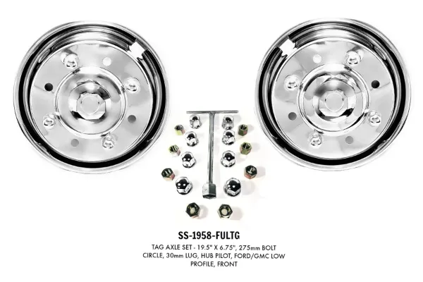 Ultimate Front & Tag Axle Stainless Steel Wheel Simulator Set – GM & Ford Low Profile, 5.5" Pop-Off Center Caps, 2" Logo Area