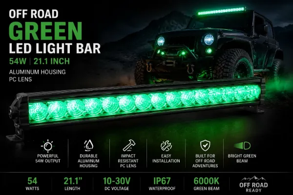 21.1-Inch Off-Road Green LED Light Bar – 54W, Aluminum Housing, Polycarbonate Lens
