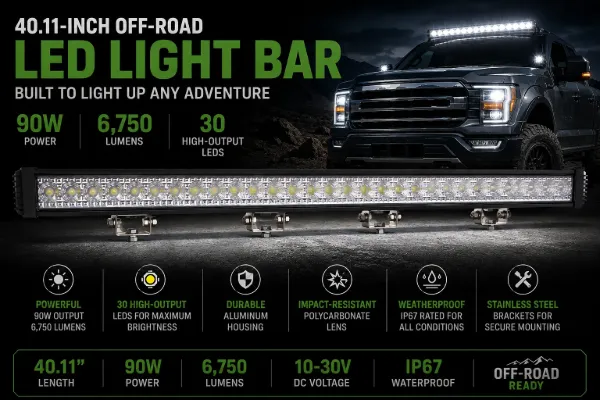 Off Road LED Light Bar 30 LED 90W 6750 Lumen 40.11 Inch Aluminum Housing PC Lens Stainless Bracket