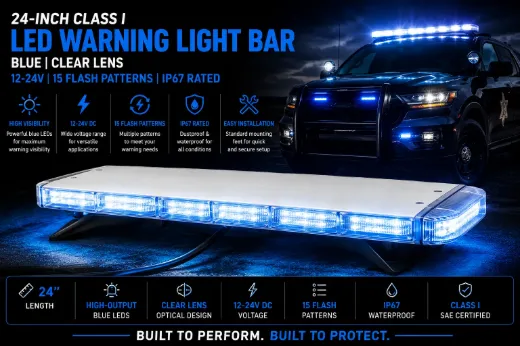 24 Inch Class I LED Warning Light Bar – Blue, Clear Lens, 12-24V, 15 Flash Patterns, IP67