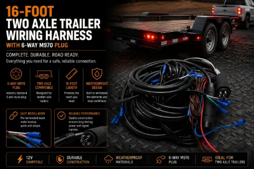 16ft Two Axle Trailer Wiring Harness with 6 Way M970 Plug