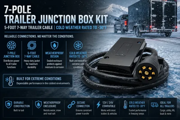 7 Pole Trailer Junction Box Kit with Harness 5ft 7 Way Cable rated to minus 30 degrees