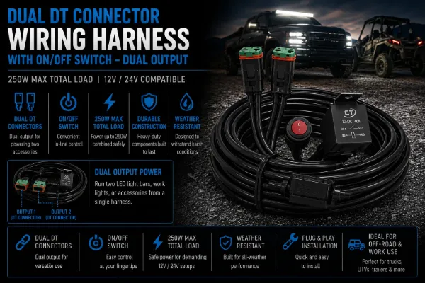 Dual DT Connector Wiring Harness with On/Off Switch – Dual Output, 250W Max