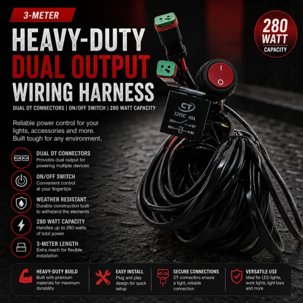 3-Meter Heavy-Duty Dual Output Wiring Harness – Dual DT Connectors, On/Off Switch, 280 Watt Capacity