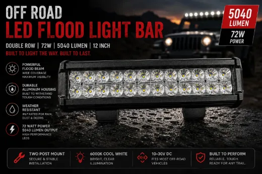 12-Inch Double Row Off-Road LED Flood Light Bar – 72W, 5,040 Lumens, Two-Post Moun