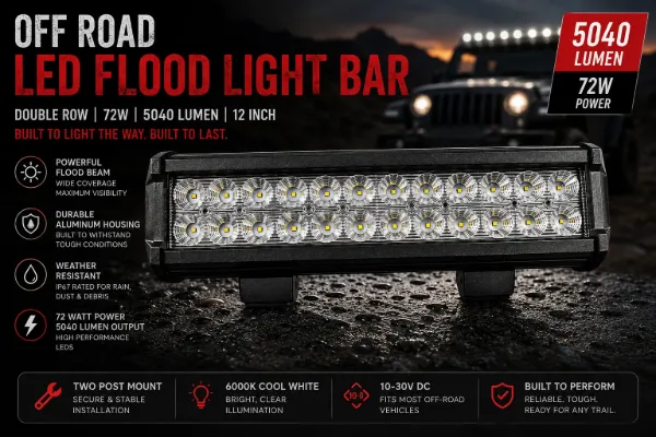 12-Inch Double Row Off-Road LED Flood Light Bar – 72W, 5,040 Lumens, Two-Post Moun