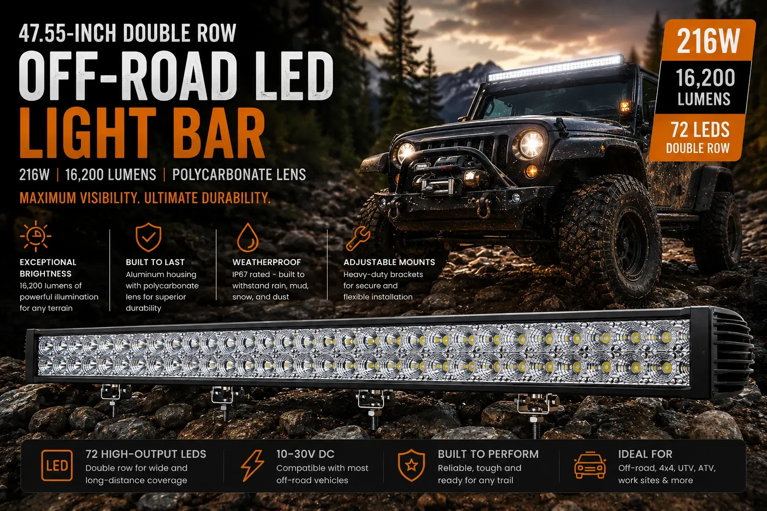 47.55-Inch Double Row Off-Road LED Light Bar – 216W, 16,200 Lumens, 72 LED, Aluminum Housing, Polycarbonate Lens