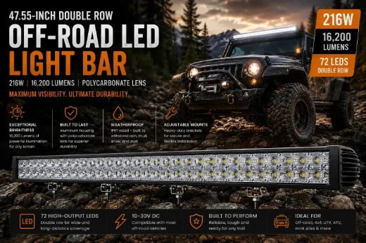 47.55-Inch Double Row Off-Road LED Light Bar – 216W, 16,200 Lumens, 72 LED, Aluminum Housing, Polycarbonate Lens