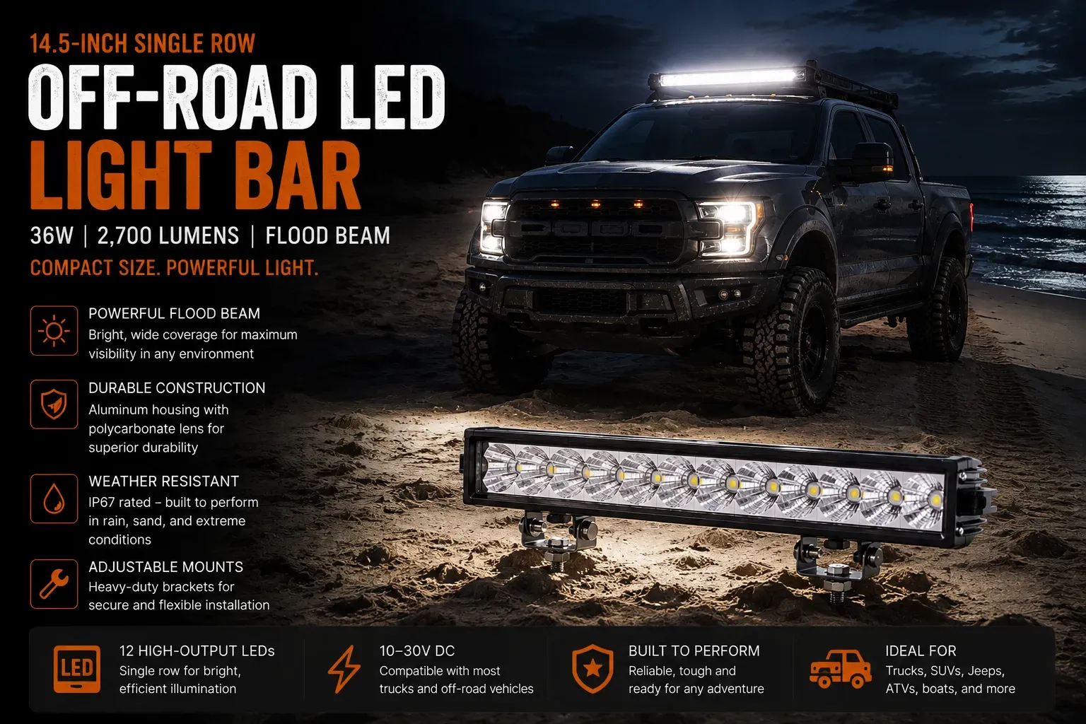 Off Road LED Light Bar Single Row 36W 2700 Lumen 14.5 Inch Aluminum Housing PC Lens