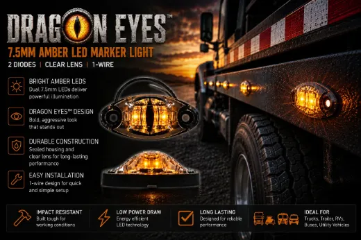 Dragon Eyes™ 7.5mm Amber LED Marker Light – 2 Diodes, Clear Lens, 1-Wire