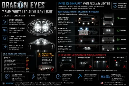 Dragon Eyes™ 7.5mm White LED Auxiliary Light – 2 Diodes, Clear Lens, 2-Wire