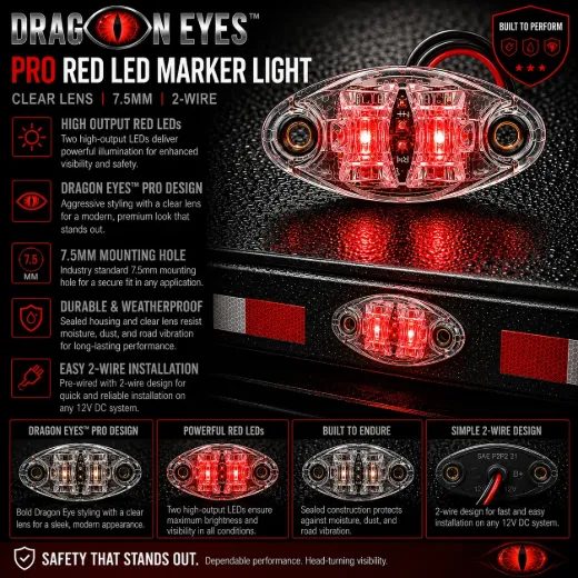 Dragon Eyes™ Pro Red LED Marker Light – Clear Lens, 2-Wire