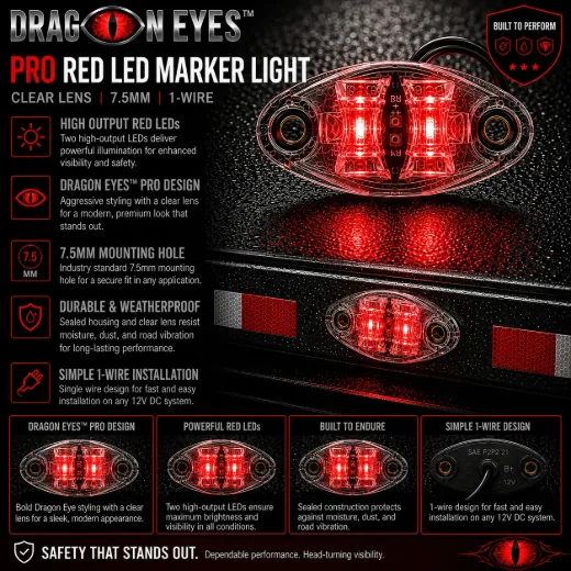 Dragon Eyes™ Pro Red LED Marker Light – Clear Lens, 7.5mm, 1-Wire