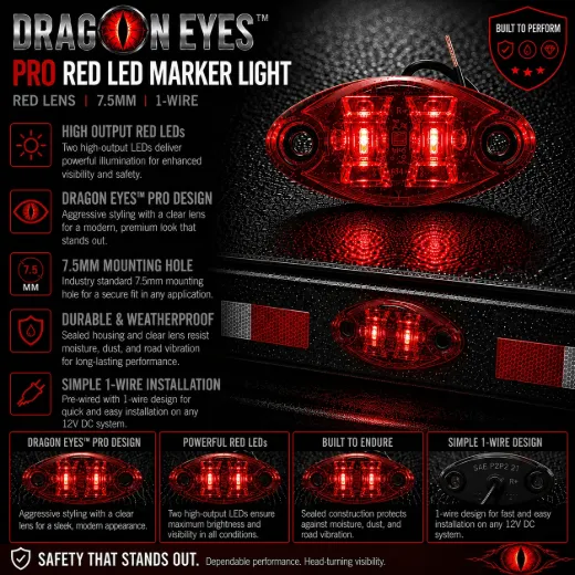 Dragon Eyes™ Pro Red LED Marker Light – Red Lens, 7.5mm, 1-Wire