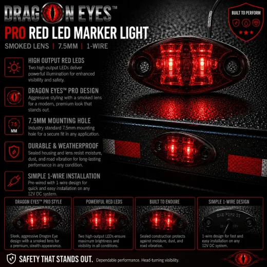 Dragon Eyes™ Pro Red LED Marker Light – Smoked Lens, 1-Wire