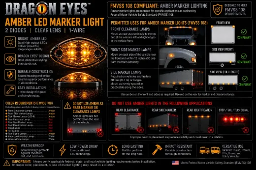 Dragon Eyes™ Amber LED Marker Light – 2 Diodes, Clear Lens, 1-Wire